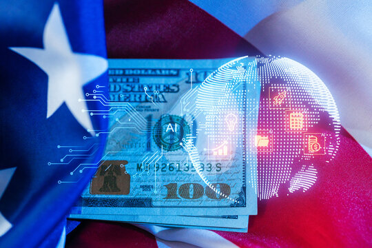 Currency and technology converge with American flag and digital globe background