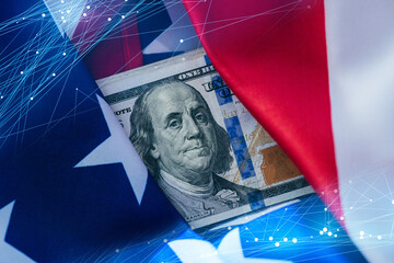 American flag and hundred dollar bill together symbolize patriotism and prosperity in the USA