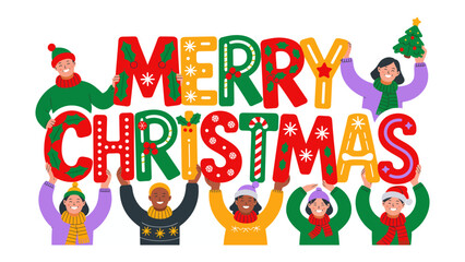 Festive Cheers: A vibrant illustration depicts a group of diverse individuals joyfully holding up colorful letters that spell out MERRY CHRISTMAS, representing unity and festive celebration.