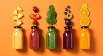Colorful fruit and vegetable smoothies in glass bottles on a vibrant orange background