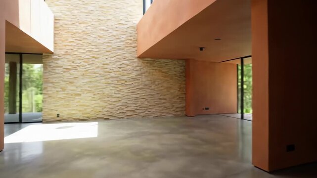 Modern interior with stone wall, smooth floor, orange accents, and outdoor views