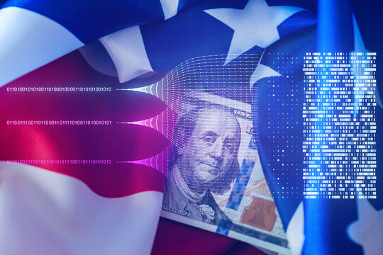 Money placed on a blended background of the American and Cuban flags with a digital effect representing financial themes - Powered by Adobe