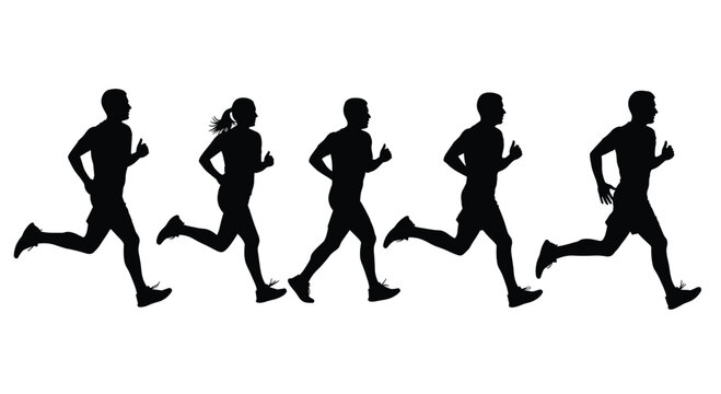 Dynamic silhouettes of diverse runners in motion capturing the spirit of athleticism and healthy living perfect for fitness campaigns, Generative AI