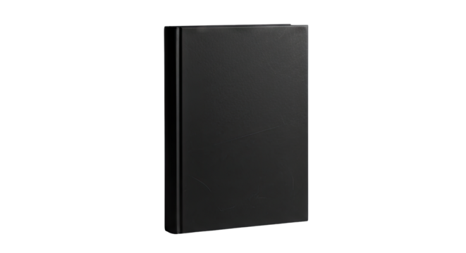 A Closed Black Hardcover Book with a Textured Cover Stands Vertically Against a Transparent Background Showing Subtle Surface Details and Minimalist Design