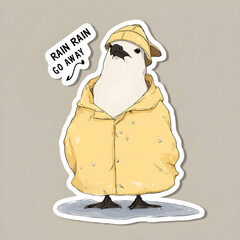 Seagull dressed in a yellow raincoat with a playful expression under gray clouds