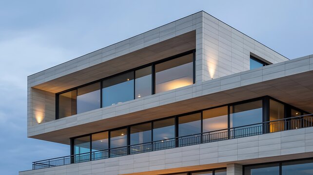 Modern minimalist building exterior with clean lines and large glass windows
- Powered by Adobe
