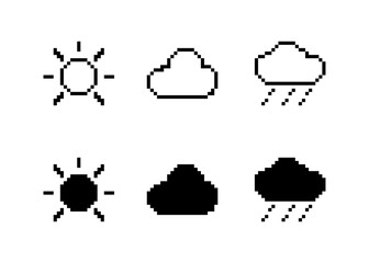 Black pixel art weather icons set on white background. 