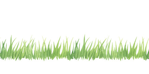 Watercolor green grass border. Hand-drawn illustration of green tall grass, greenery, and a green hedge. Design and decoration. Scrapbooking, ribbon, tape, or stripe. Horizontal banner.