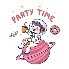 Cheerful cartoon astronaut sitting on a pink planet enjoying a drink and celebrating with donuts