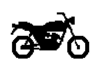 Black pixel art motorcycle on white background. vehicle silhouette. retro 8 bit style.