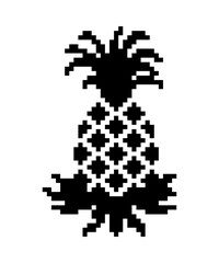Black pixel art pineapple on white background. cartoon fruit.