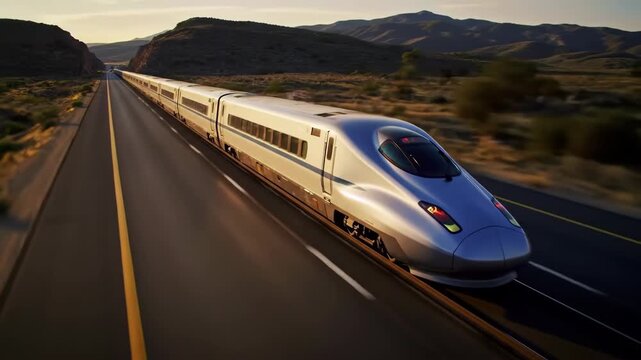 Sleek silver train rushes through a dry landscape under a warm sky towards distant mountains on a parallel track
