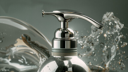 Shiny Silver Dispenser with Water Droplets on Gray Background