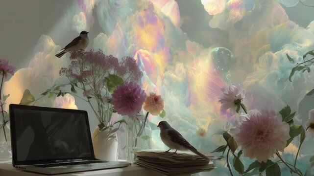 Serene home office scene featuring a laptop, beautiful flowers in vases, and birds perched on a desk against an ethereal, pastel colored cloudy background with floating soap bubbles