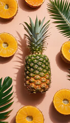 Tropical fruits and pineapples in vibrant summer colors provide a fresh backdrop for healthy eating.
