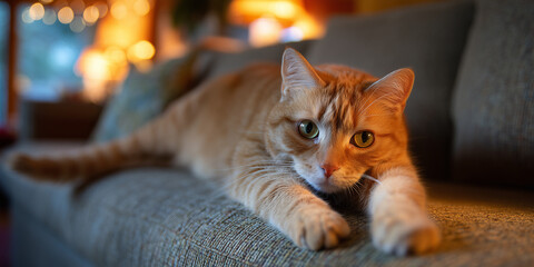 Orange tabby cat lying on a couch with paws stretched forward, looking alert and curious in a warmly lit cozy room with bokeh lights in the background