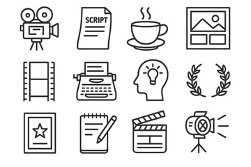 Indie Film Icons. Sundance Film Extravaganza – Independent Spirit linear icons: vintage camera, film script, coffee cup, storyboard, film strip, typewriter, creative mind icon.