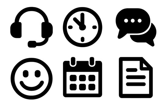 Bold Customer Icons. Customer availability silhouette icons set: headset, clock, chat bubbles, smile icon, calendar, document.