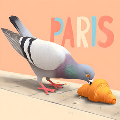 Cartoon pigeon enjoys a croissant on the streets of Paris, bringing a touch of charm to the city