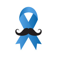 Blue awareness ribbon with mustache, Movember event vector symbol.