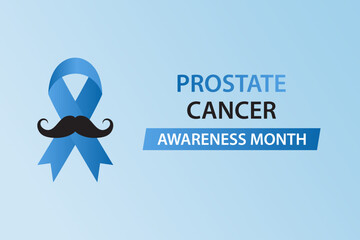 Prostate cancer awareness month - November. Blue ribbon and mustache. Vector banner.