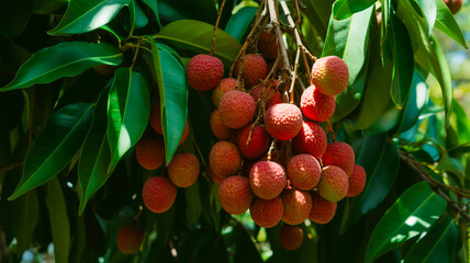 A close-up photograph of fresh red lychee fruits growing on a tree branch