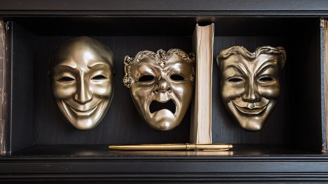 Theatrical masks, gold with expressive designs, on a dark wooden shelf with an old book and a gold pen, close-up view, copy space.