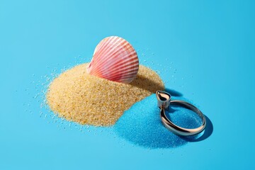 Wedding Rings on Sand and Seashell - Symbolic Romance and Vacation