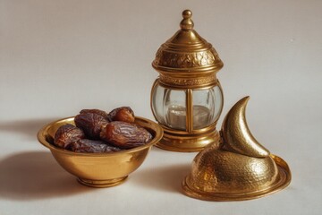 Golden ramadan iftar still life with dates and traditional lantern