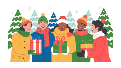 Festive gift exchange: A scene of joyful giving and receiving presents amidst a winter wonderland setting, evoking warmth and connection.