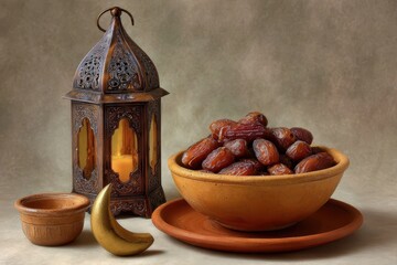 Traditional ramadan lantern and a bowl of dates on a textured surface evoking a festive atmosphere