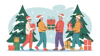 Sharing Holiday Gifts: A group of friends exchanges beautifully wrapped presents amidst festive Christmas trees and snowflakes, embodying the spirit of sharing and togetherness.