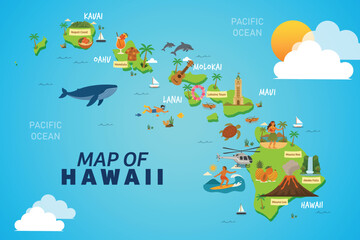 Fototapeta premium Hawaii cartoon vector map with travel icons and landmarks