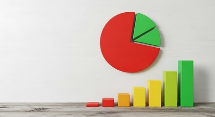 Pie chart and bar graph on white wooden background