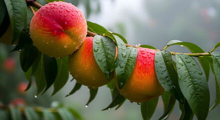 Ripe peaches hanging on a branch after rain