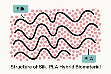 material science biomaterials concept. Visual representation of silk-PLA hybrid biomaterial structure.