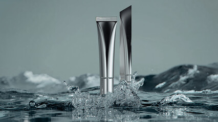 Elegant Silver Cosmetic Tubes in Splashing Water on Soft Gray Background