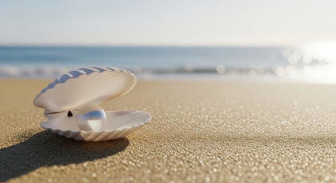 A single pearl rests inside an open oyster shell on a sandy beach with the ocean waves gently lapping in the background under a soft morning sun
