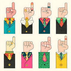 Colorful hands in suits displaying different gestures expressing various emotions