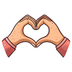 Two hands creating a heart shape to symbolize love and connection in a playful and artistic style