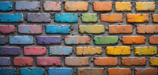 Vibrant weathered bricks arranged in colorful pattern showing rustic textured wall surface