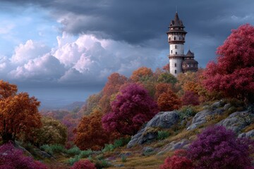 A solitary lighthouse stands tall amidst a vibrant autumn forest under a dramatic cloudy sky