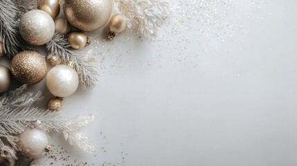 Elegant christmas ornaments and frosted pine branches arranged on a clean white background with copy space