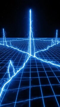 Dynamic animation of a three-dimensional minimalist glowing wireframe grid pulsing with a synchronized resonant electrical frequency across a dark plane movement, clean, structure