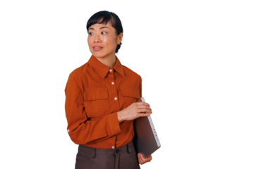 Asian businesswoman holding a laptop, looking away with a confident expression, professional corporate manager on transparent background