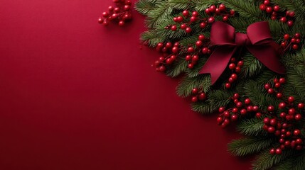 Festive christmas garland with deep red berries and a velvet bow on a rich burgundy background