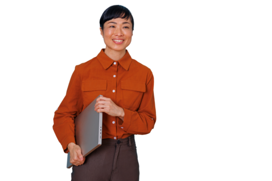 Smiling asian businesswoman holding laptop, ready for corporate work, business success, technology, and career growth, transparent background