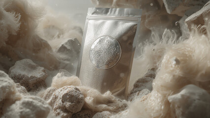 Elegant Silver Pouch Surrounded by Soft Fluffy Elements in Neutral Hues