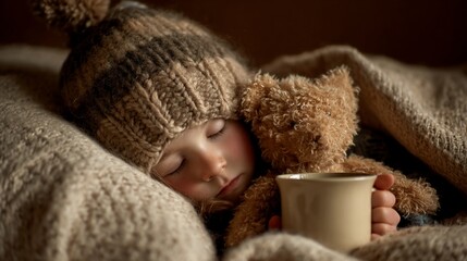 Sleeping child with beanie, teddy bear, and cup in warm, soft blanket