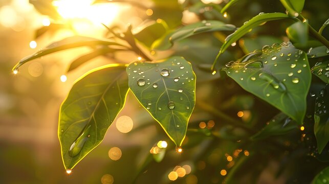 Sunlit green leaves with water droplets glistening in warm golden morning light